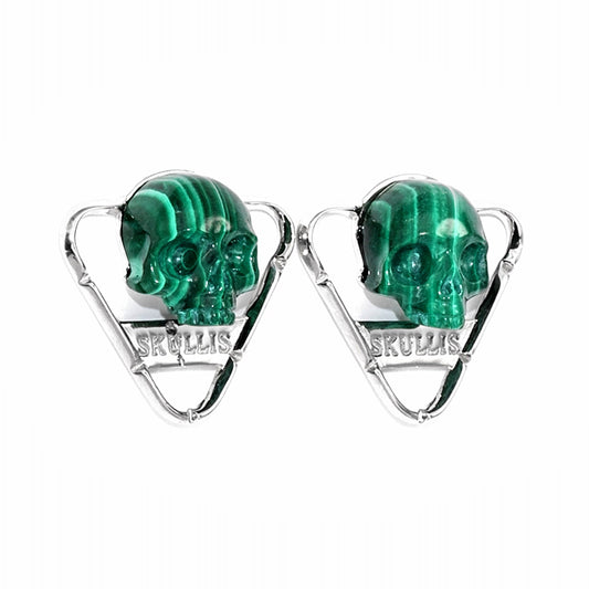 Skull Earrings of Malachite Carved Skull in 925 Sterling Silver