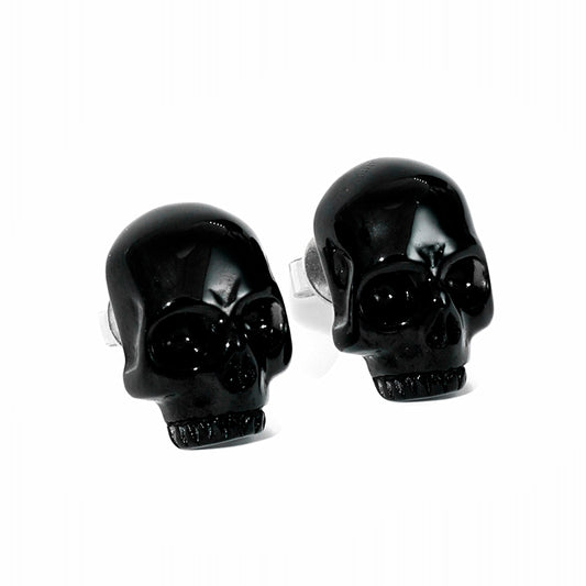 Gem Skull Earrings of Black Obsidian Carved Skull in 925 Sterling Silver