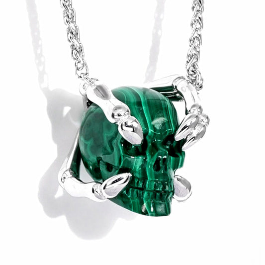 Gem Skull Pendant Necklace of Malachite Carved Skull with Sterling Sterling Silver Finger Bones