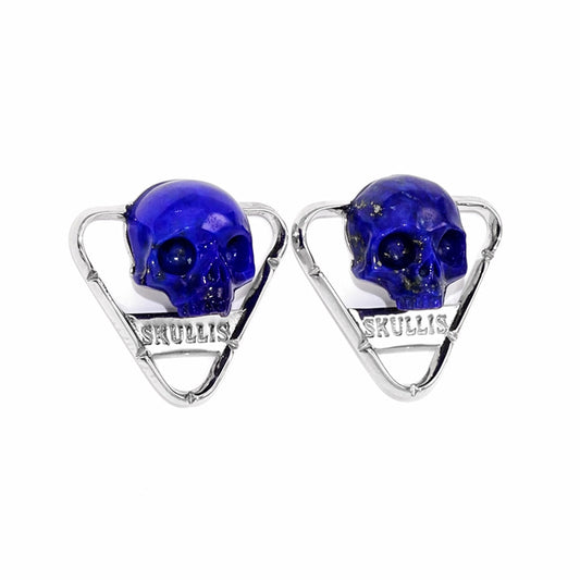 Gem Skull Earrings of Lapis Lazuli Carved Skull in 925 Sterling Silver