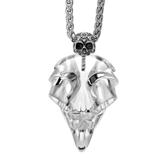 Night's Verse Feather - Gem Owl Skull Pendant Necklace of Quartz Rock Crystal Carved Owl Skull with Sterling Silver Skull