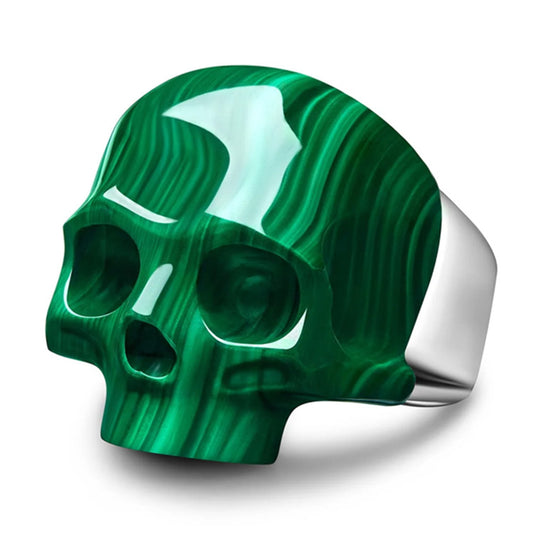 Skullis Signature Malachite Gem Skull Ring, Hand Carved, Sterling Silver, for Women & Men
