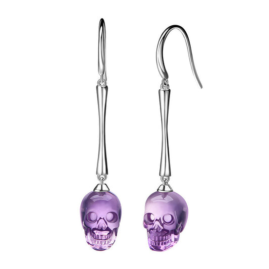 Gem Skull Earrings of Amethyst Carved Skull, 925 Sterling Silver