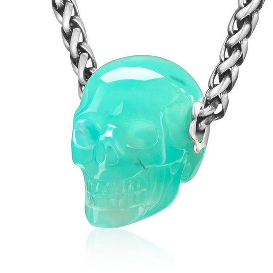Skullis Signature Chrysoprase Gem Skull Pendant or Necklace, Hand Carved, Sterling Silver 925 Chain, for Women & Men