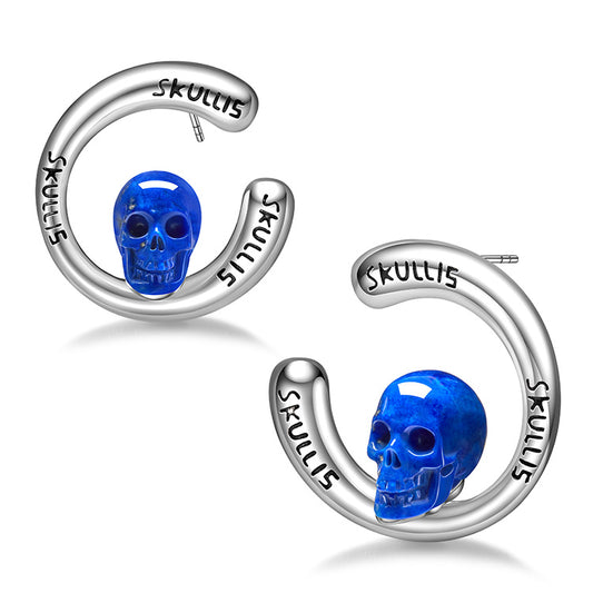 Gem Skull Earrings of Lapis Lazuli Carved Skull in 925 Sterling Silver