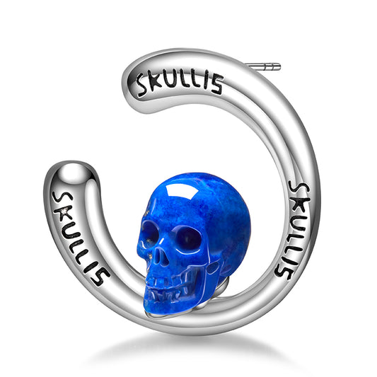 Gem Skull Earrings of Lapis Lazuli Carved Skull in 925 Sterling Silver