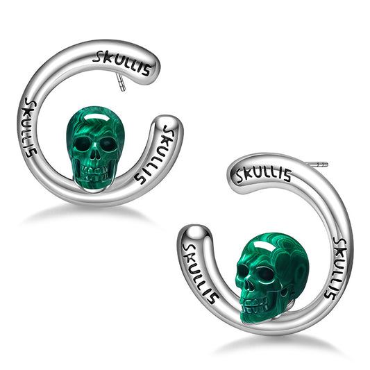 Gem Skull Earrings of Malachite Carved Skull in 925 Sterling Silver