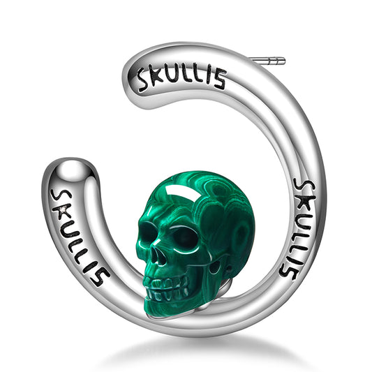 Gem Skull Earrings of Malachite Carved Skull in 925 Sterling Silver