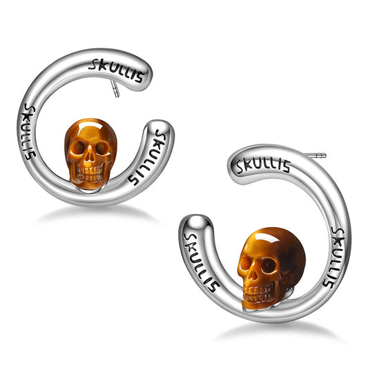 Gem Skull Earrings of Gold Tiger's Eye Carved Skull in 925 Sterling Silver