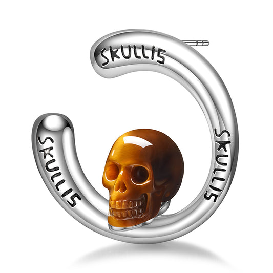 Gem Skull Earrings of Gold Tiger's Eye Carved Skull in 925 Sterling Silver