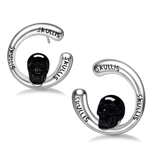 Gem Skull Earrings of Black Obsidian Carved Skull in 925 Sterling Silver