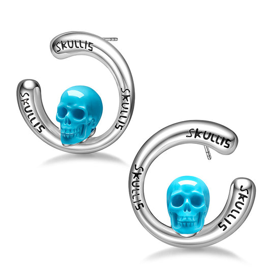 Gem Skull Earrings of Peruvian Turquoise Carved Skull in 925 Sterling Silver