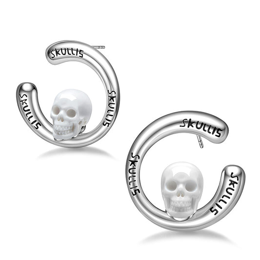 Gem Skull Earrings of White Jasper Carved Skull in 925 Sterling Silver