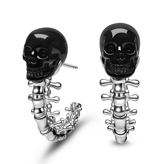 Gem Skull Earrings of Black Obsidian Carved Skull with 925 Sterling Silver Spines
