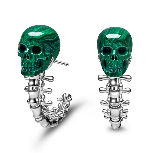 Gem Skull Earrings of Malachite Carved Skull with 925 Sterling Silver Spines