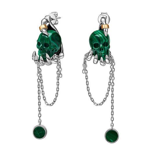 Gem Skull Earrings of Malachite Carved Skull with 925 Sterling Silver Hand Bones