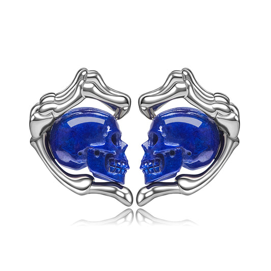 Gem Skull Earrings of Lapis Lazuli Carved Skull with 925 Sterling Silver Hand Bones