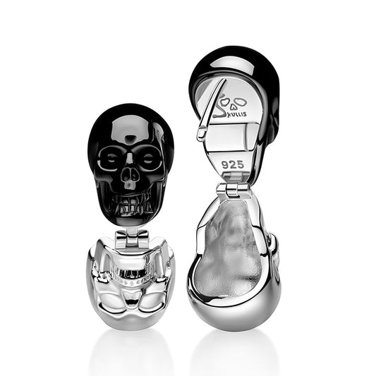 Gem Skull Earrings of Black Obsidian Carved Skull & 925 Sterling Silver Skull