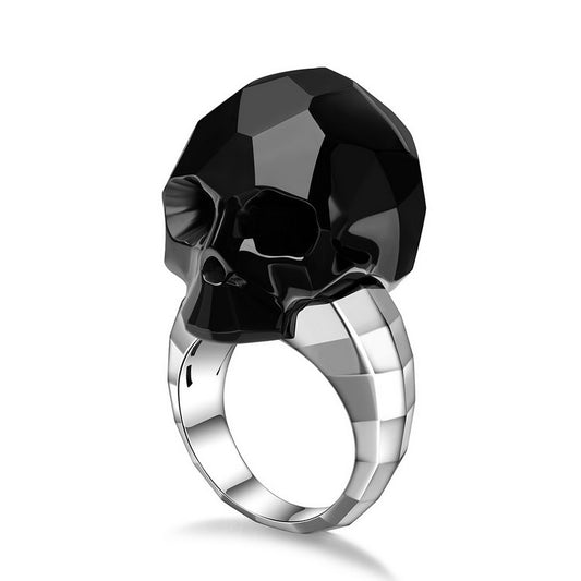 Gem Skull Ring of Black Obsidian Carved Faceted Skull in 925 Sterling Silver