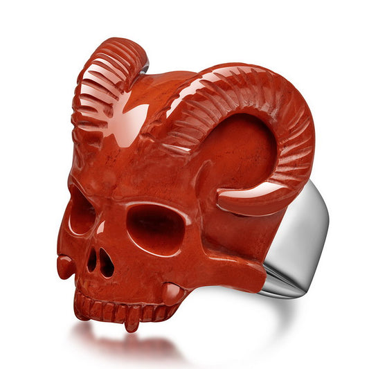 Gem Skull Ring of Red Jasper Carved Beast Skull with 925 Sterling Silver