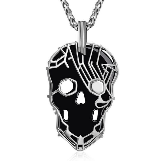 Gem Skull Pendant Necklace of Black Obsidian Carved Skull with 925 Sterling Silver