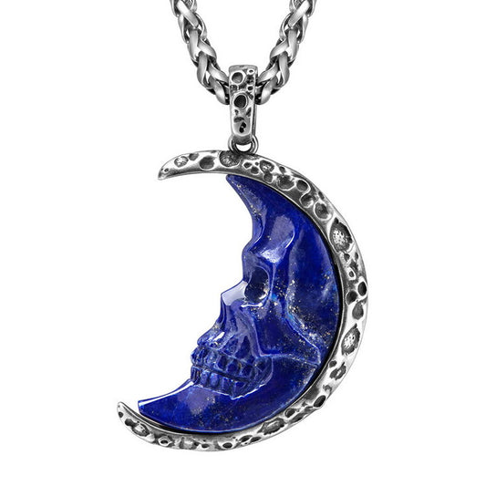 Gem Skull Pendant Necklace of Lapis Lazuli Carved Moon Skull with 925 Sterling Silver