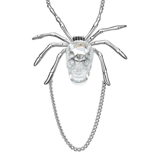 Gem Skull Pendant Necklace of Quartz Rock Crystal Carved Skull with 925 Sterling Silver Spider