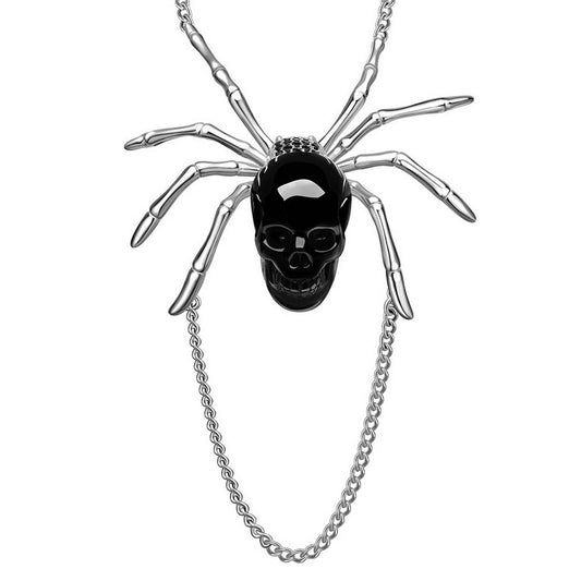 Gem Skull Pendant Necklace of Black Obsidian Carved Skull with 925 Sterling Silver Spider
