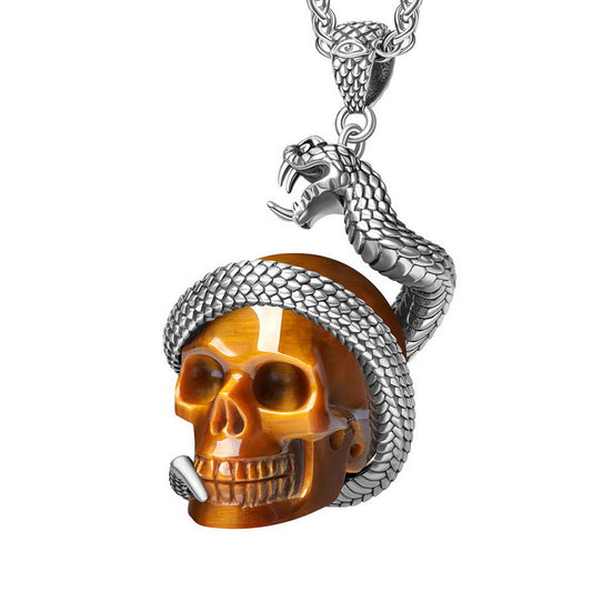 Gem Skull Pendant Necklace of  Gold Tiger's Eye Crystal Carved Skull with 925 Sterling Silver Snake