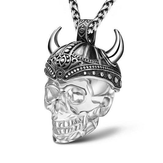 Gem Skull Pendant Necklace of Quartz Rock Crystal Carved Skull & 925 Sterling Silver Horned Helmet