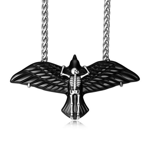 Gem Skull Pendant Necklace of Black Obsidian Carved Eagle & 925 Sterling Silver Skeleton Frame