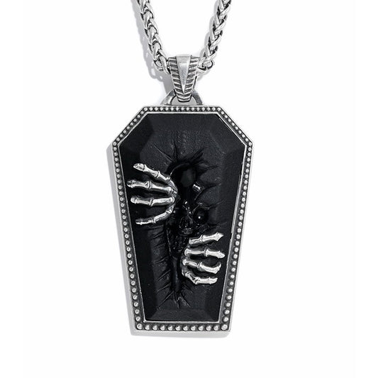 Gem Skull Pendant Necklace of Black Obsidian Carved Skull & 925 Sterling Silver Pharaoh’s Coffin