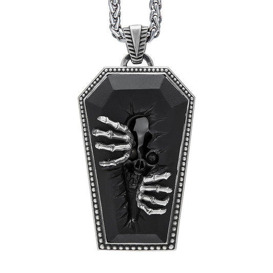 Gem Skull Pendant Necklace of Black Obsidian Carved Skull & 925 Sterling Silver Pharaoh’s Coffin