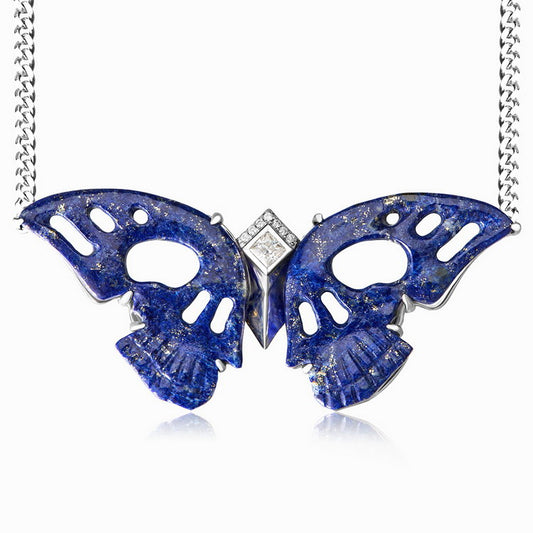 Gem Skull Pendant Necklace of Lapis Lazuli Carved Butterfly Wing-shaped Skull