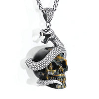 The Serpent’s Oath - Gem Skull Pendant Necklace of Blue & Gold Tiger's Eye Carved Skull with 925 Sterling Silver Snake