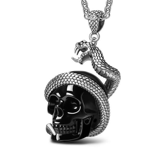 Gem Skull Pendant Necklace of Black Obsidian Carved Skull with 925 Sterling Silver Snake