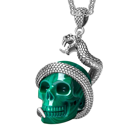 Gem Skull Pendant Necklace of Malachite Carved Skull with 925 Sterling Silver Snake