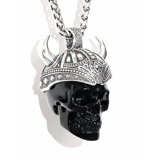 Gem Skull Pendant Necklace of Black Obsidian Carved Skull & 925 Sterling Silver Horned Helmet