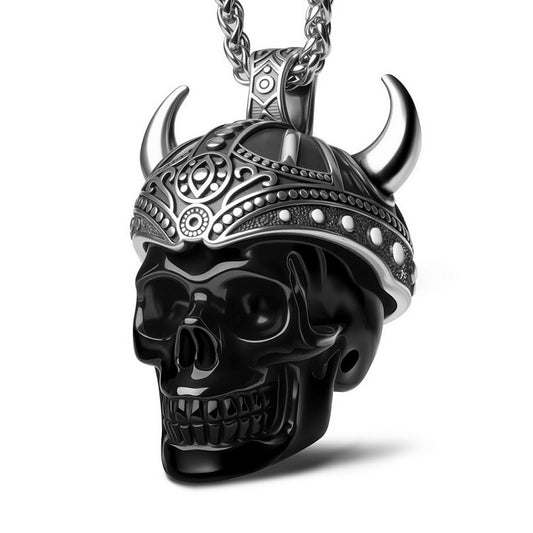 Gem Skull Pendant Necklace of Black Obsidian Carved Skull & 925 Sterling Silver Horned Helmet