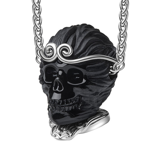 Gem Skull Pendant Necklace of Black Obsidian Carved Monkey King Wukong Skull & 925 Sterling Silver