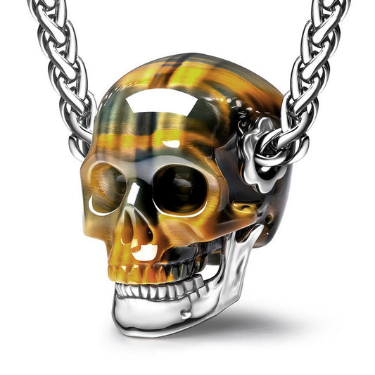 Gem Skull Pendant Necklace of Blue & Gold Tiger's Eye Carved Skull with Detachable Silver Jaw in 925 Sterling Silver