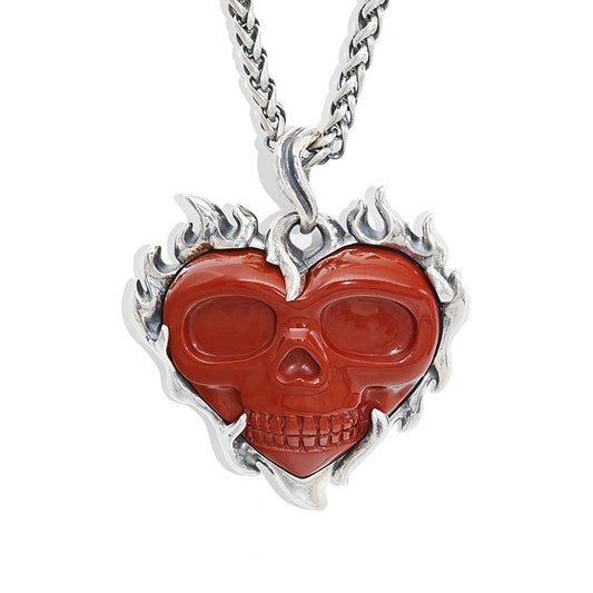 Gem Skull Pendant Necklace of Red Jasper Carved Heart Skull with 925 Sterling Silver