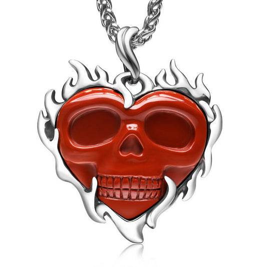 Gem Skull Pendant Necklace of Red Jasper Carved Heart Skull with 925 Sterling Silver
