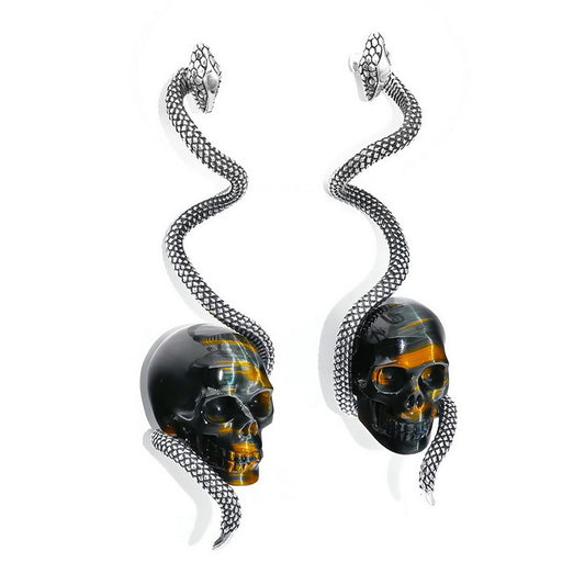 Gem Skull Earrings of Blue & Gold Tiger's Eye Carved Skull with 925 Sterling Silver Snake