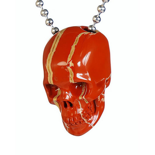Gem Skull Pendant Necklace of Red Jasper Carved Hollow Skull with 925 Silver Chain - S0001807