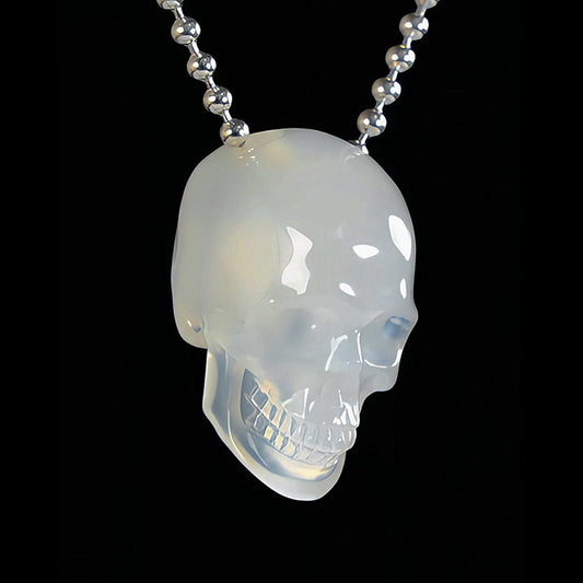 Gem Skull Pendant Necklace of Milky Agate Carved Hollow Skull with 925 Silver Chain - S0001809