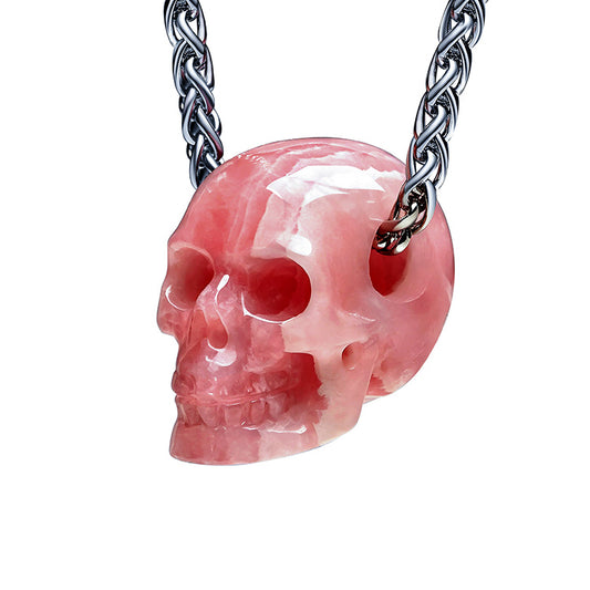 Minimalist Skull Pendant - 0.6" Rhodochrosite Gem Skull Pendant or Necklace, Hand Carved, for Women & Men