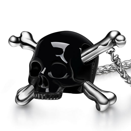 Gem Skull Pendant Necklace of Black Obsidian Skull Carved with Double Bones in Sterling Silver