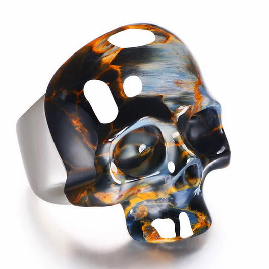 Skullis Signature Pietersite Gem Skull Ring, Hand Carved, Sterling Silver, for Women & Men