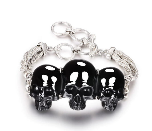 Gem Skull Bracelet of Black Obsidian Carved Skull in 925 Sterling Silver
